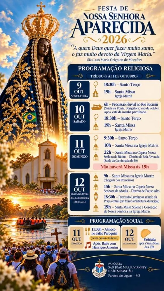 Festa de Nossa Senhora Aparecida terá celebrações, procissões e programação social em Paraíso das Águas