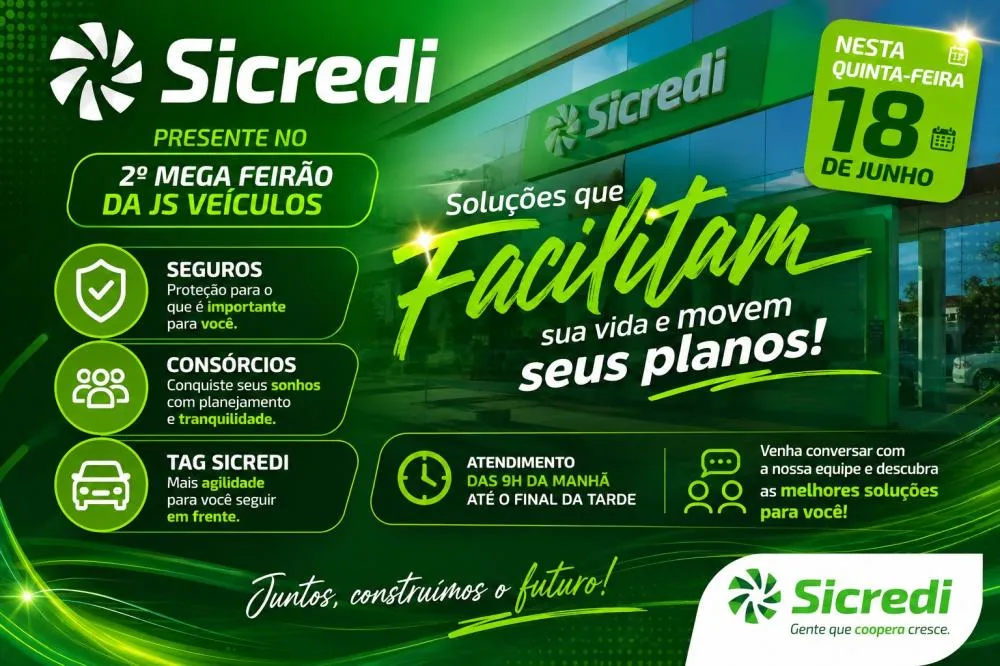 Sicredi participa do 2º Mega Feirão da JS Veículos nesta quinta-feira com soluções financeiras e atendimento especializado em Paraíso das Águas